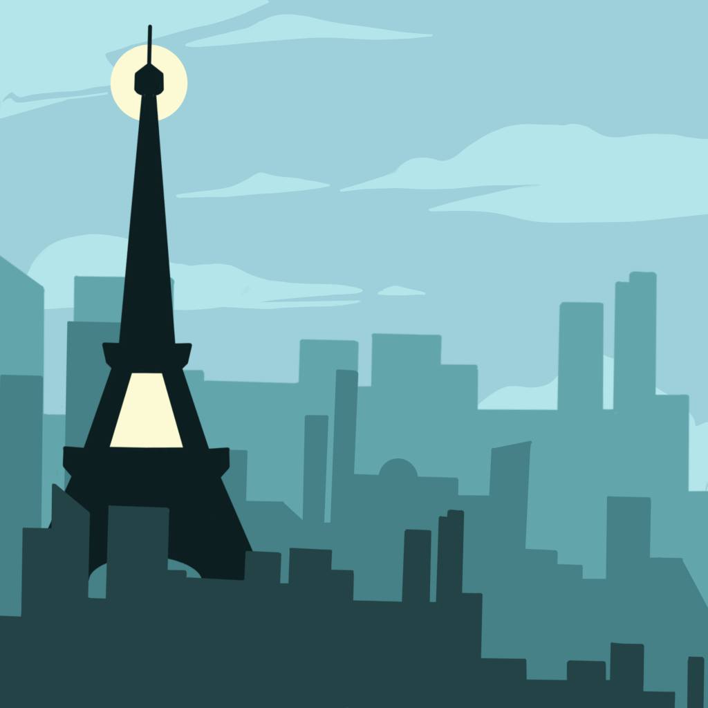 Button for the State Climate Commission's Goals & Progress. Graphic is an illustration of the Eiffel Tower.