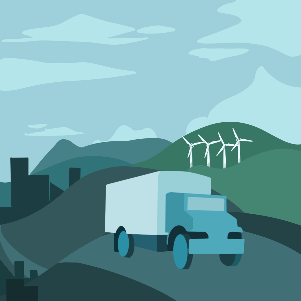 Button for State Climate Change's Mitigation Strategies. Graphic is an illustration of a fleet truck with wind turbines on the background.
