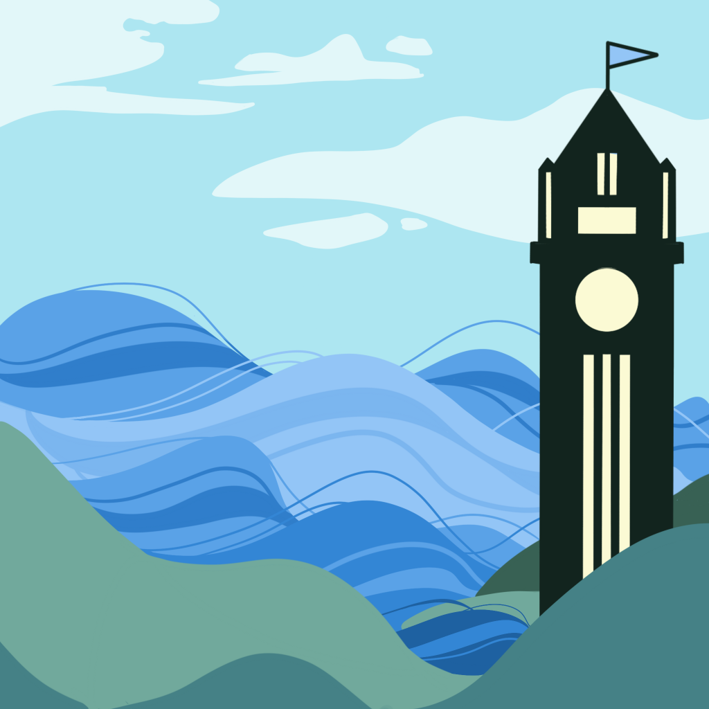 Button for State Climate Commission's Mitigation Reports. Graphic is an illustration of Big Ben with waves in the background.