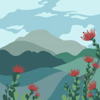 Button for the State Climate Commission's Sequestration. Graphic is an illustration of ohia with mountains in the background.